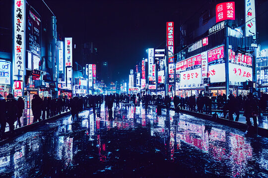 winter snow rain night of the neon street at the downtown in Shinjuku Tokyo wide shot. wallpaper. 