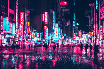 colorful Nighttime cyberpunk city illustration. A night of the neon street at the downtown wallpaper.	 - obrazy, fototapety, plakaty