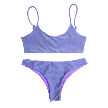 purple swimsuit front on white background, swimming costume, bikini colorful 