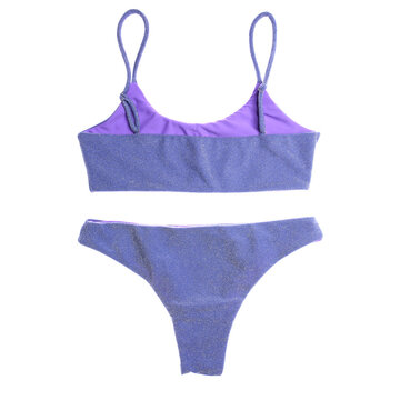 purple swimsuit behind on white background, swimming costume, bikini colorful 