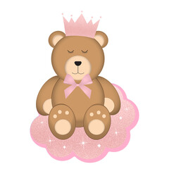 Brown Sleepy Bear Wearing Pink Crown Sitting On Cloud Transparent Clipart