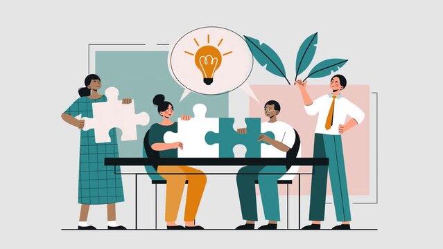 Group of business people video concept. Moving male and female entrepreneurs conclude cooperation agreement. Partners hold puzzle pieces. Collaboration and teamwork. Flat graphic animated cartoon