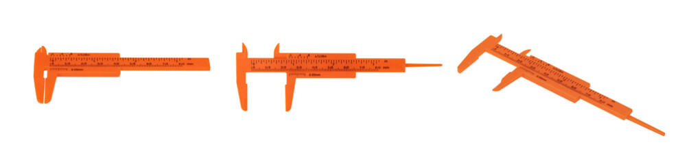 Group of orange plastic vernier caliper isolated on white background with clipping path.