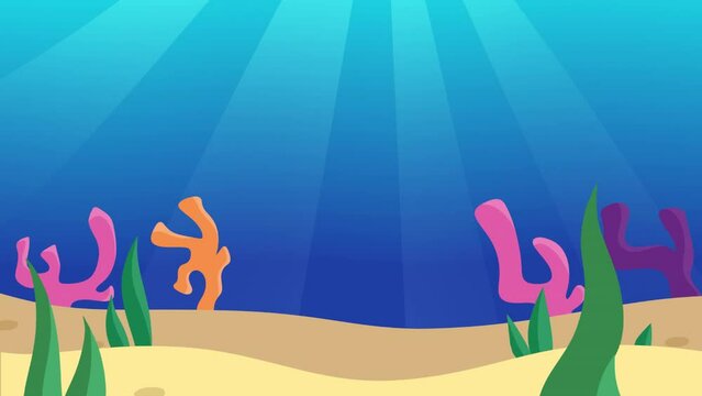 Underwater nature video concept. Colorful moving background or horizontal banner with deep seabed with sand, corals and algae. Wild ocean flora or marine animal habitat. Flat graphic animated cartoon