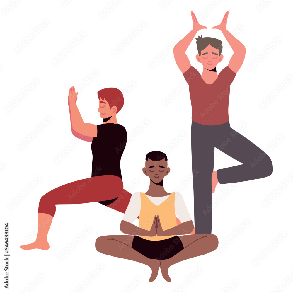 Sticker group men making yoga