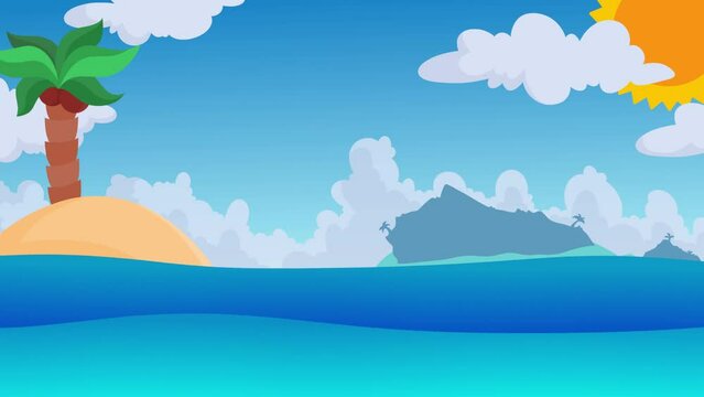 Tropical island in middle of ocean video concept. Moving background or banner with sea waves, exotic palm tree on sandy shore, sun and clouds. Vacation in summer season. Flat graphic animated cartoon