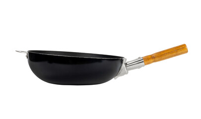 Cast iron pan with wooden handle isolated on white background with clipping path.
