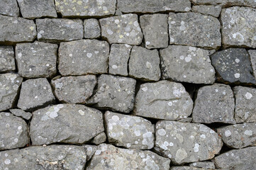 Old, weathered wall made of gray stone and covered with white lichens
