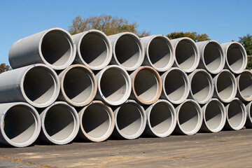 Concrete round big pipes stacked outdoors sewer large heavy - obrazy, fototapety, plakaty