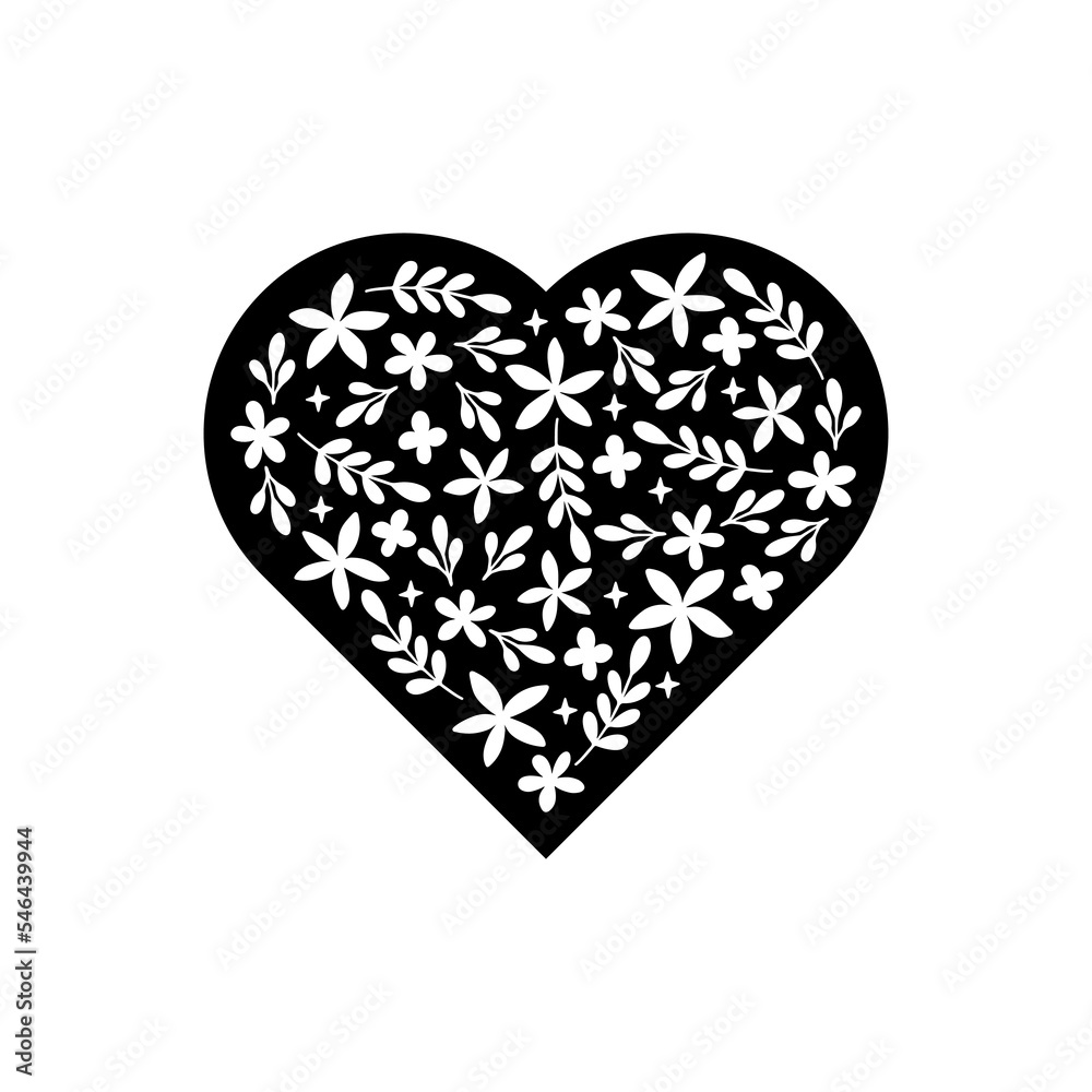 Poster floral heart vector illustration. cute hand drawn black composition with flowers, herbs, leaves for 