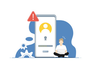 Password caution concept, Human sitting with laptop using account personal online, digital marketing illustration.