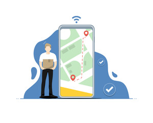 Check products online concept, Human holding box with smartphone navigation map, Digital marketing illustration.