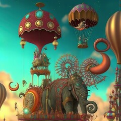 steampunk floating carnival,arabesque elephants,giraffes,Psychedelic sci-fi fever dream planetary background
