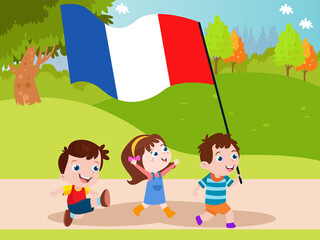 Group of little children carrying French flag at park