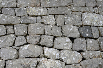 Old, weathered wall made of gray stone and covered with white lichens
