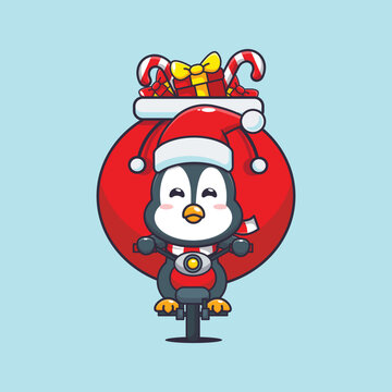 Cute penguin carrying christmas gift with motorcycle. Cute christmas cartoon illustration. 