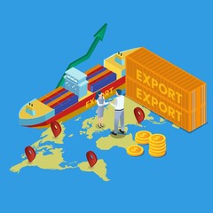Export business cooperation shipment with containers and world map
