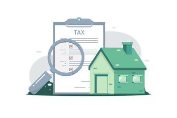 House tax concept, Residential house with tax documents, Vector illustration. - obrazy, fototapety, plakaty