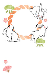 卯年の年賀状、筆書き、和風、年賀状フォトフレーム、テンプレート