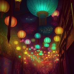 The colorful lights of the Asian festival lanterns