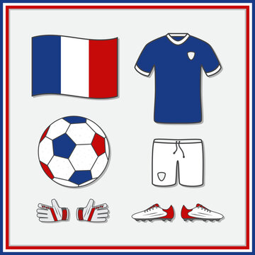 France Football Cartoon Vector Illustration. Football Jersey And Football Ball Flat Icon Outline