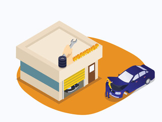 Car workshop with a mechanic and broken vehicle