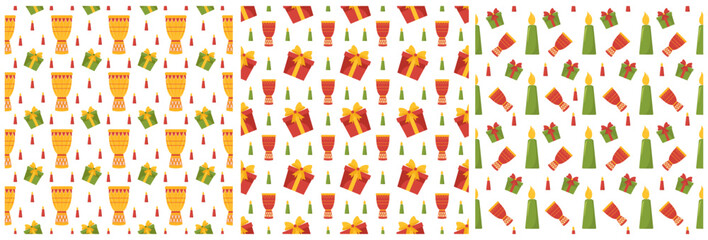 Set of Happy Kwanzaa Holiday African Seamless Pattern Design with Festival Style Element on Template Hand Drawn Cartoon Flat Illustration