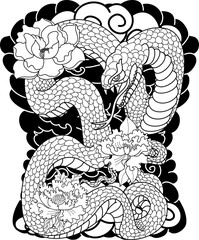 snake cobra tattoo style.Hand drawn Cobra with flower and cloud vector isolate on white background. king Cobra snake with mouth open.Snake cobra illustration.
