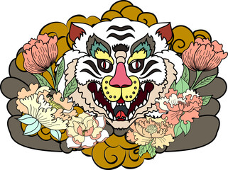 black and white Lucky lion tattoo design.Chinese lion statue with iris flower,Chrysanthemum flower and cherry blossom.
