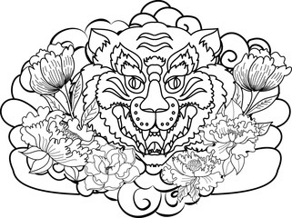 black and white Lucky lion tattoo design.Chinese lion statue with iris flower,Chrysanthemum flower and cherry blossom.