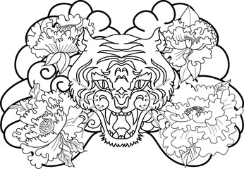 black and white Lucky lion tattoo design.Chinese lion statue with iris flower,Chrysanthemum flower and cherry blossom.