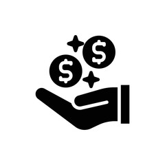 illustration vector solid black icon earning, coin, gold, hand, transaction, money.