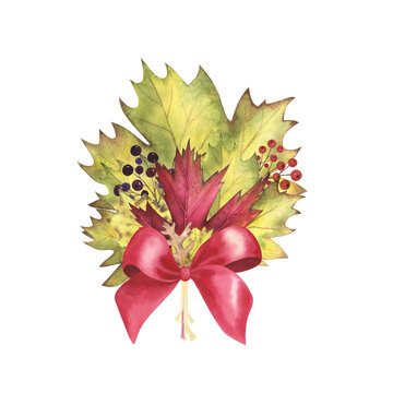Bouquet Autumn maple, oak, poplar leaves, berries watercolor isolated on white. Hand drawn illustration. Art for design