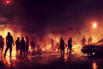 Fototapeta premium Zombies and car wrecks in rainy night burning city