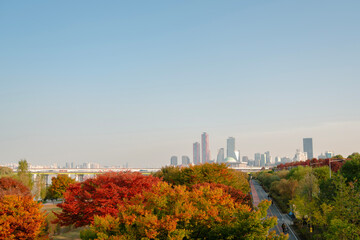 Obraz premium Yeouido city view and Yanghwa Han river park at autumn in Seoul, Korea