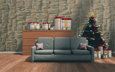 Christmas tree, a 3D sofa chair, and a gift box are all in a dimly lit room.