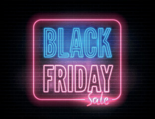 Black Friday discounts realistic pink blue vector banner template. Stylish Sale advert neon light and inscription on dark background. Seasonal clearance, luxury store special price offer poster design