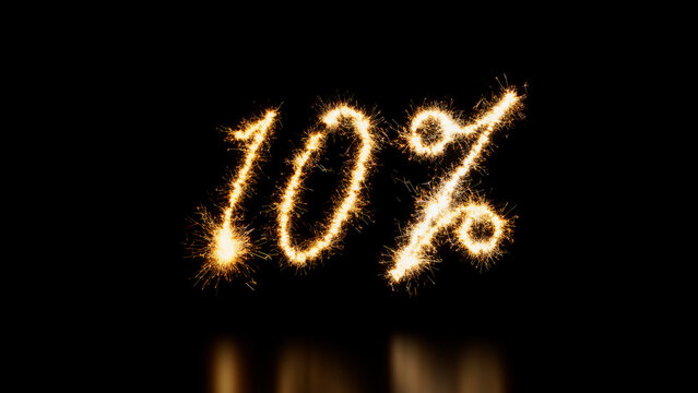 10% Caption written in Sparkler Firework Text. Gold and Black Promo Banner.