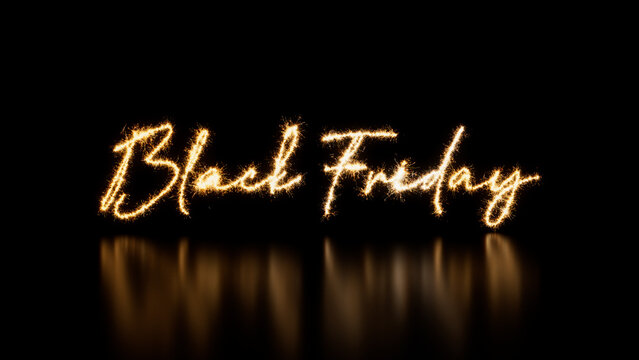 Black Friday Caption written in Sparkler Firework Text. Gold and Black Sale Banner with copy space.