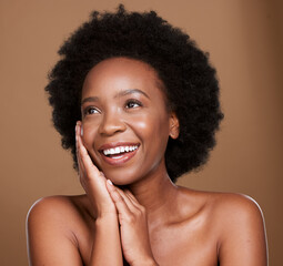 Natural hair, skincare and african woman in studio thinking of beauty, cosmetics or makeup for...