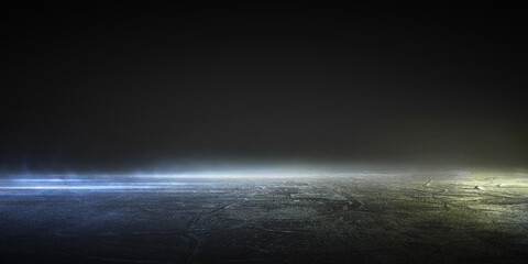 3D rendering wallpaper wet asphalt reflection of neon lights on black background.