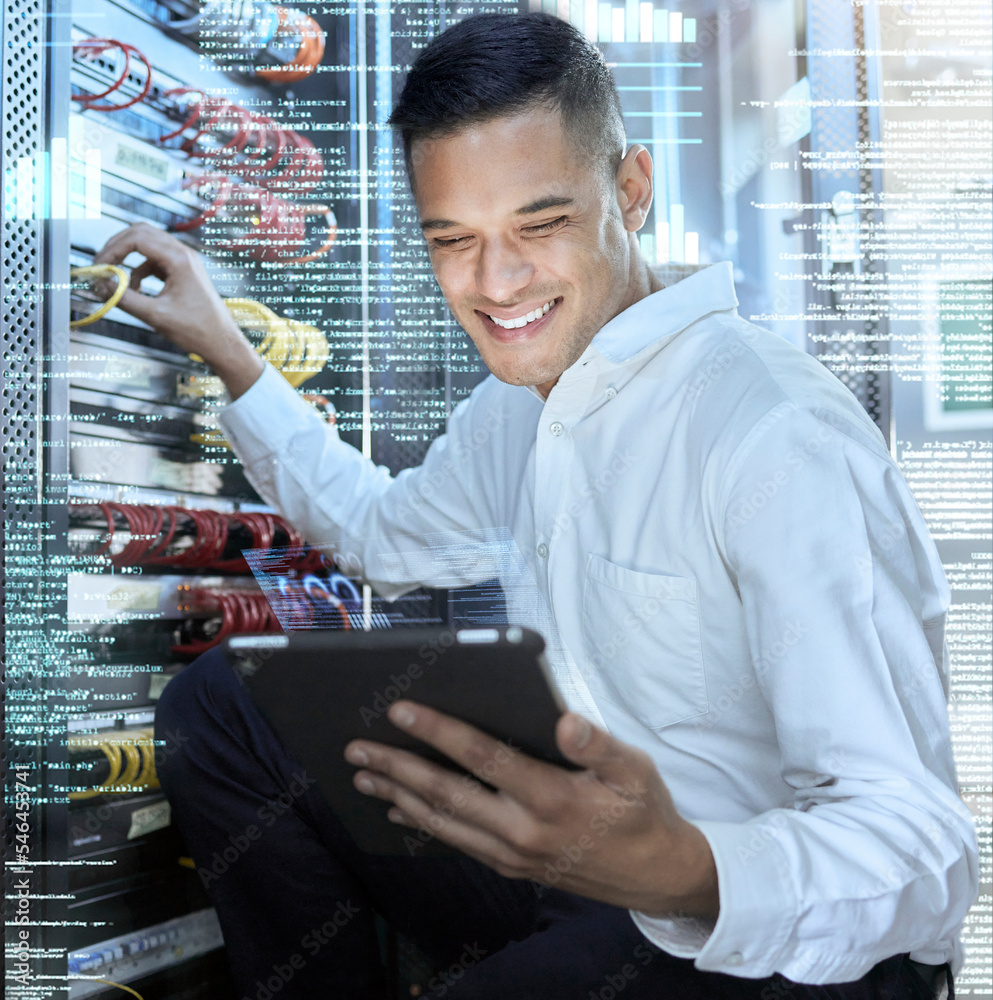 Poster Server room, tablet and programmer man, engineering code and technology for programming, cloud computing and cybersecurity. Digital future, IT technician and digital network in data center connection