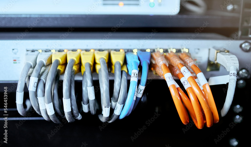 Poster Server room, computer and cable for internet connection, cloud computing and cyber security. Hardware, wire and cord on equipment in a data center for IT and cyber data wiring for internet.