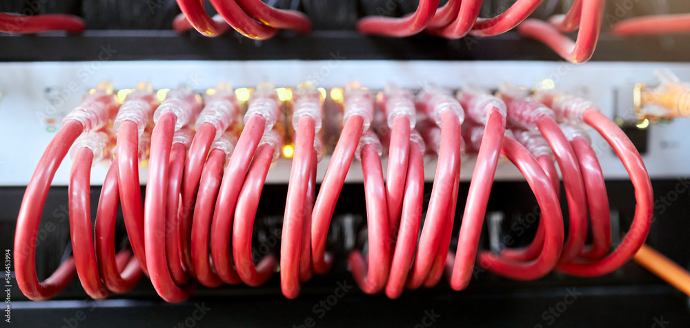 Poster Technology, server room and cables connected to ethernet port or router for network, internet or fiber in data center for connection management. Electrical red optic cable for computer it background