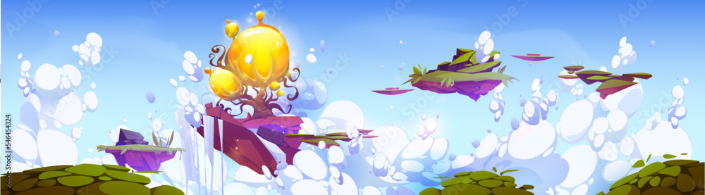 Wall mural fantasy islands with magic tree floating in sky. cartoon illustration of adventure game platforms. l