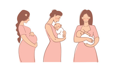 Pregnancy, childbearing and breastfeeding, set of vector illustration icons about motherhood. Pregnant woman side view, mom with baby, woman breastfeeding newborn. Flat cartoon vector design.