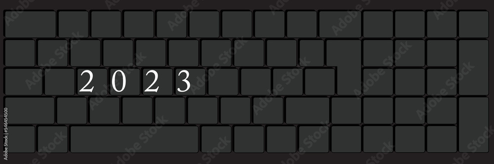 Poster computer keyboard with number 2023. close-up of an electronic computer device part, keypad.