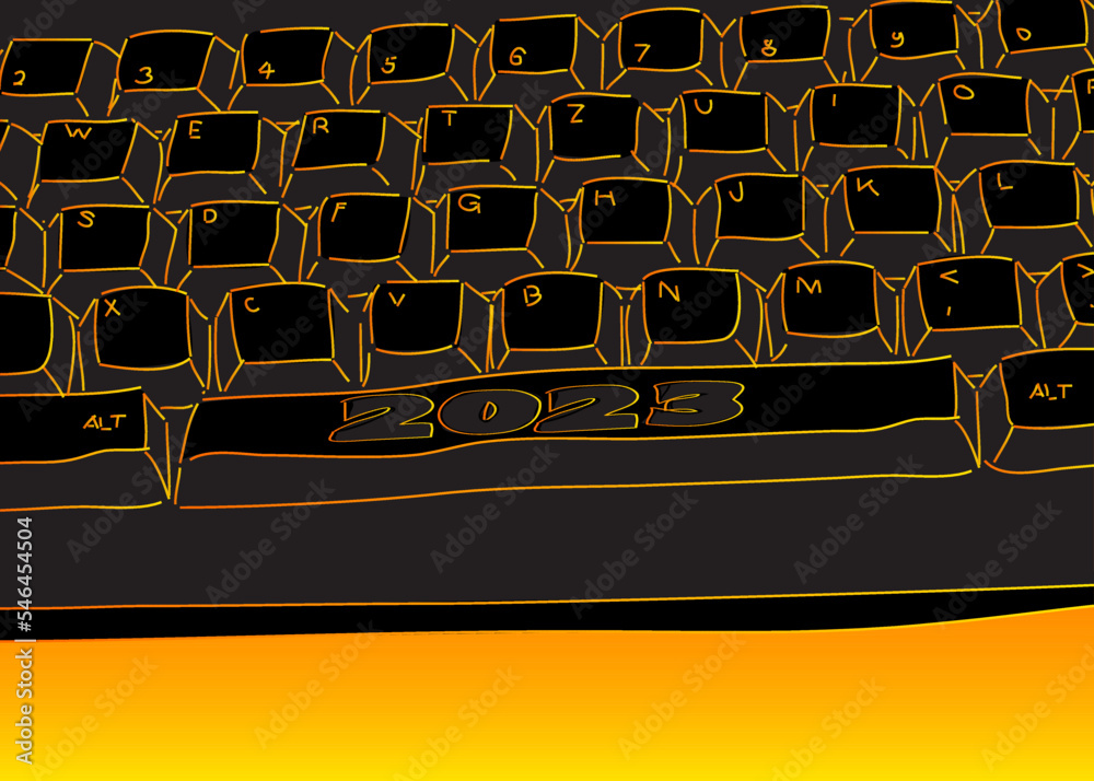 Poster computer keyboard with number 2023. close-up of an electronic computer device part, keypad.