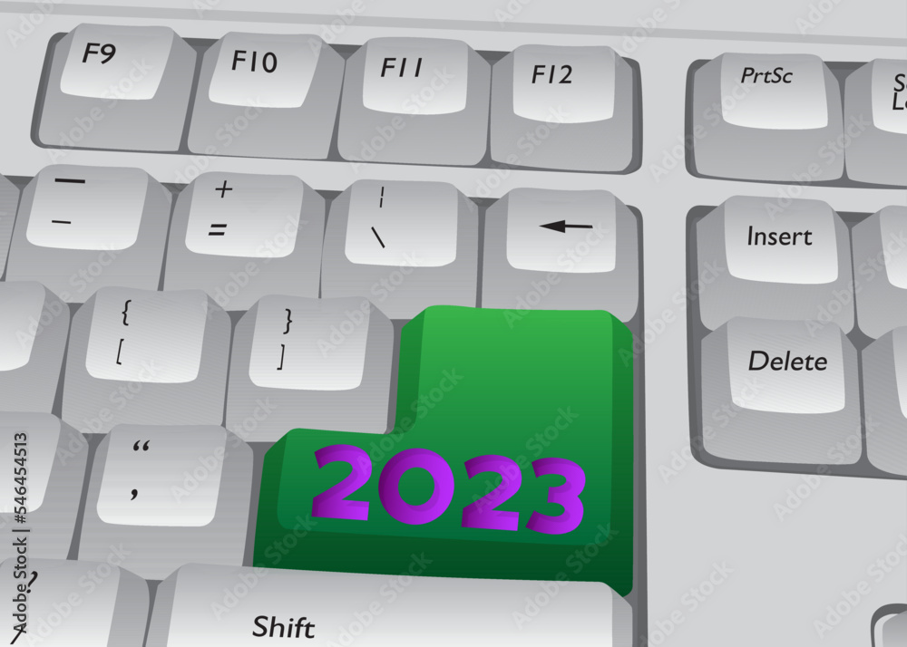 Poster computer keyboard with number 2023. close-up of an electronic computer device part, keypad.
