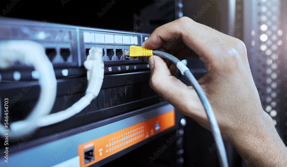 Aufkleber Hands, network engineer and server cable in server room for data, internet or web connection. Cyber security, system administrator and maintenance of computer wire to prevent error, glitch or issues